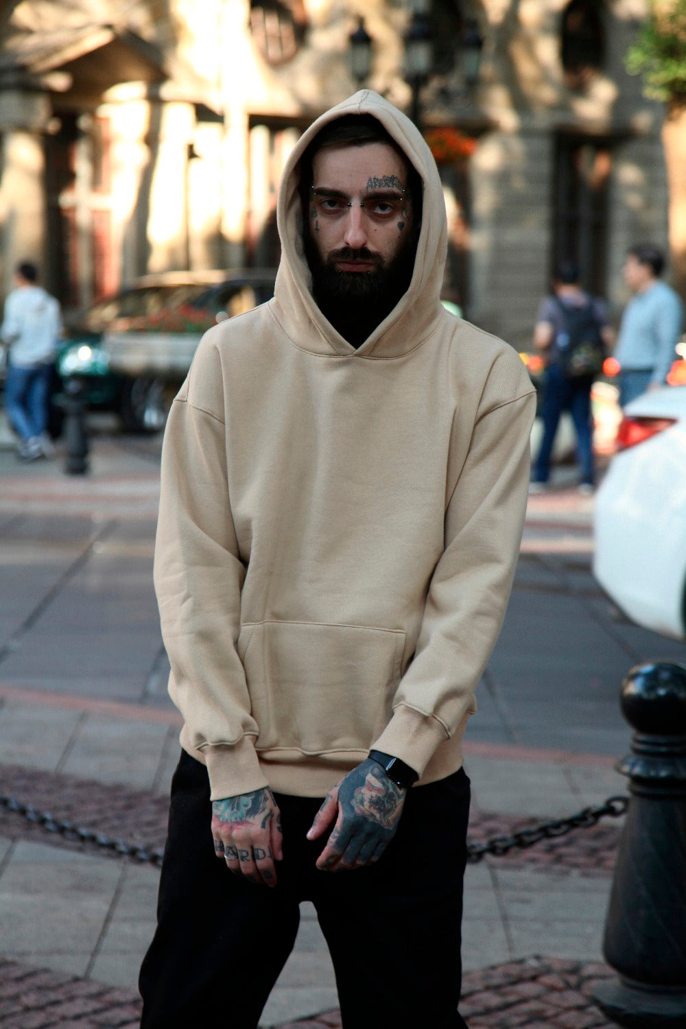 Men's Oversized Camel Hooded Sweater - Street Style Silhouette