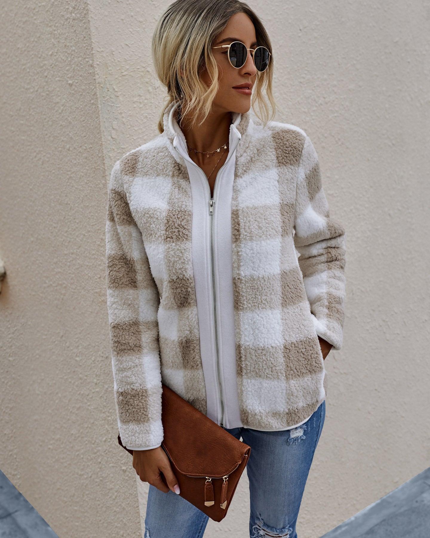 Women's Plush Plaid Jacket – Zipper Front with Pockets