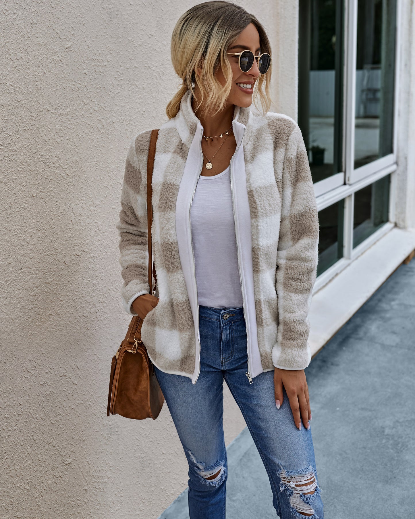 Women's Plush Plaid Jacket – Zipper Front with Pockets