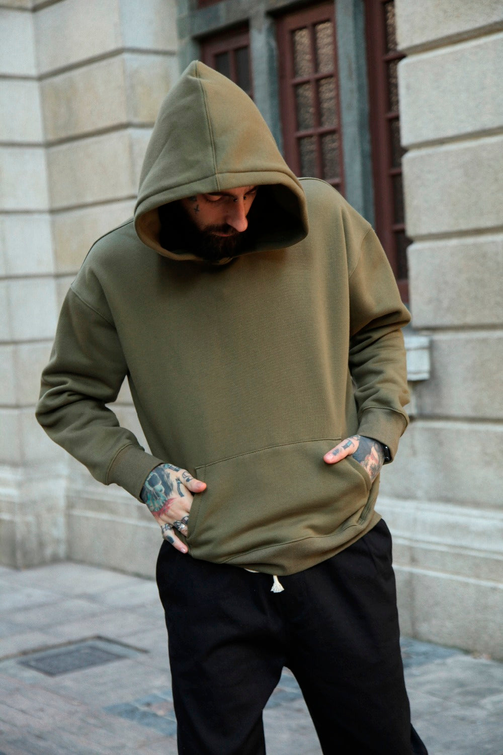 Men's Oversized Camel Hooded Sweater - Street Style Silhouette