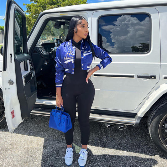 Women's Blue Printed Casual Jacket – Trendy Streetwear Coat
