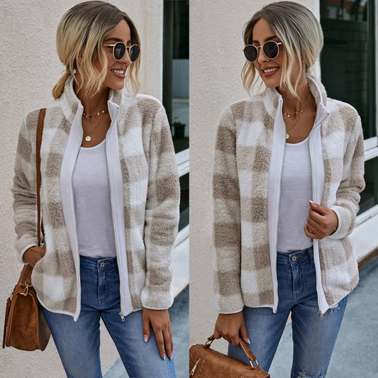 Women's Plush Plaid Jacket – Zipper Front with Pockets